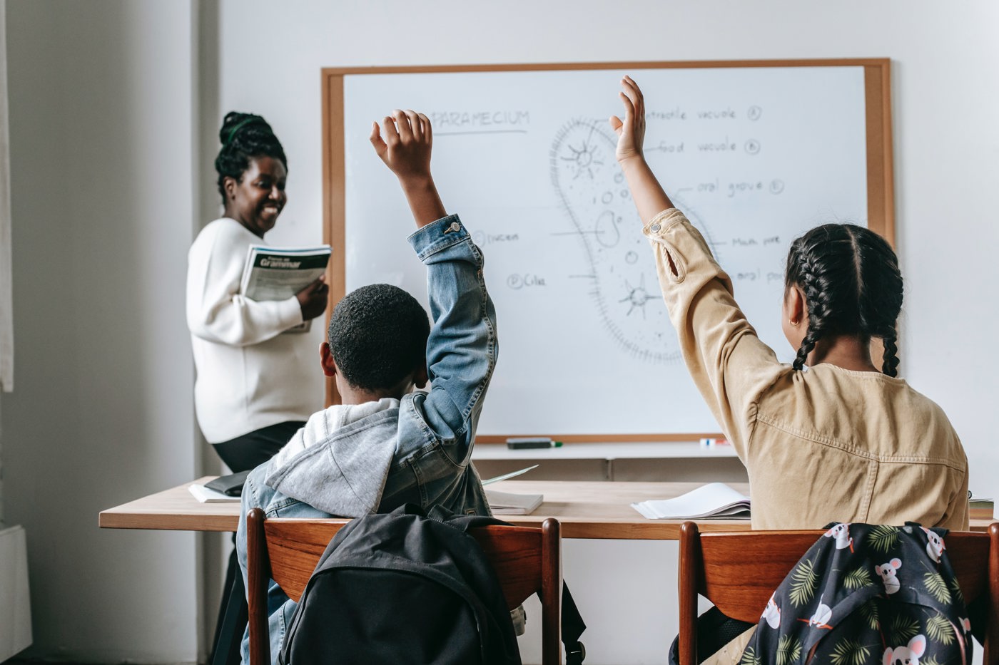 Image of two children in a school setting with their hands raised in front of a teacher and whiteboard