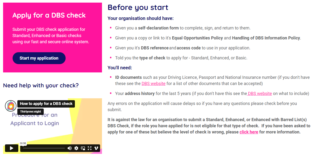 Screenshot of the thirtyone:eight 'Apply for a Check webpage'
