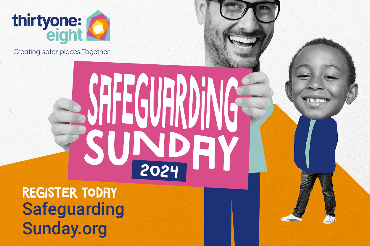 safeguarding sunday 2024 graphic, with a man and child smiling, and text encouraging people to register at safeguardingsunday.org