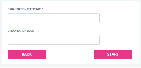 Screenshot of the start application page, prompting for organisation reference and organisation code