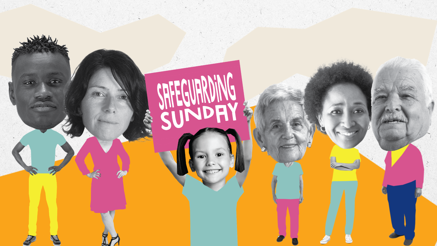 A group of men, women and children of different nationalities in a line, with a young girl in the centre, holding up a Safeguarding Sunday banner